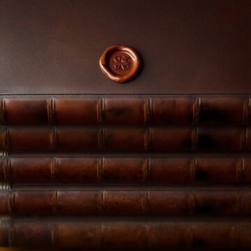 Stacked leather ledgers with a wax seal represent blockchain's ledger concept, no digital cliches.