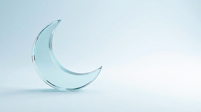 A shiny glass crescent moon shape standing on a soft light blue surface