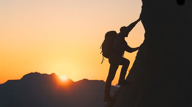 A determined hiker climbing a rugged mountain peak at sunset representing ambition and the journey towards achieving success