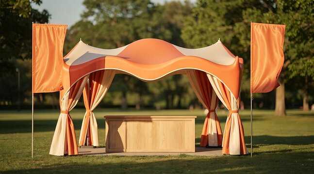Outdoor event tent with orange and white striped curtains and flags set up in a park.