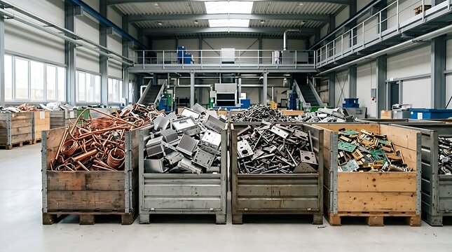 Sorted scrap metal stored in industrial recycling facility bins