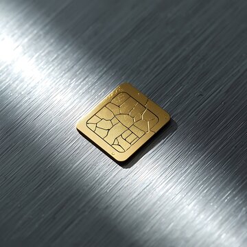 A fractured SIM chip on steel suggests digital vulnerability and compromised data without literal cyber icons.