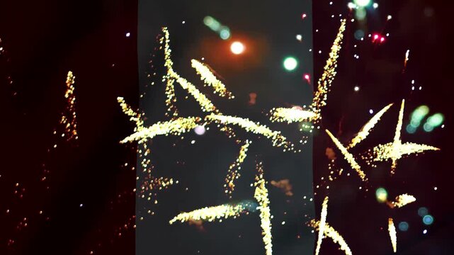 Bright golden festive fireworks display illuminating the night sky during a national celebration event