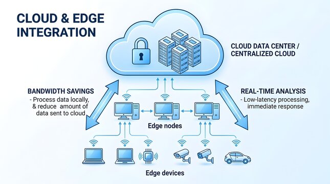 Edge computing architecture infographic diagram showing cloud data center with factory edge node, smart city gateway and healthcare edge node connected to edge devices, IoT network system