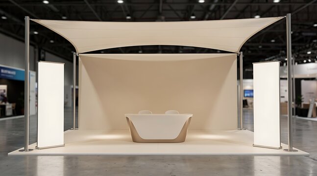 Modern Exhibition Booth with Curved Reception Desk and Banners.
