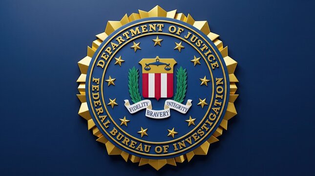 FBI Seal Close-up: A detailed close-up of the Federal Bureau of Investigation seal, showcasing its intricate design and emblem against a deep blue background, symbolizing justice and investigation.