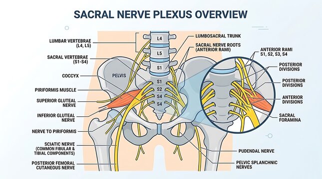 Sacral nerve plexus anatomy diagram with pelvic nerves and vertebrae