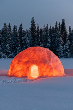 Fiery orange igloo glowing in snowy clearing at dusk for dramatic winter background and poster wallpaper design