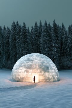 Lone person silhouette entering a bright igloo in snowy clearing by tall pine forest for winter wallpaper and poster