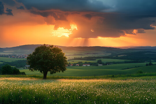 Dramatic sunset over rolling hills with a lone tree in an open field.