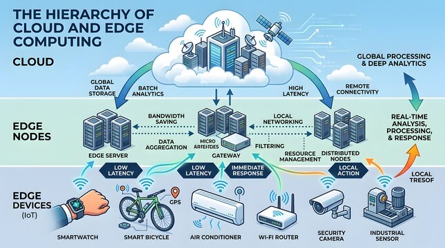 Edge computing architecture infographic diagram showing cloud data center with factory edge node, smart city gateway and healthcare edge node connected to edge devices, IoT network system