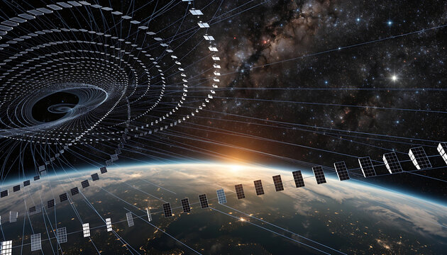 Futuristic satellite constellation orbiting Earth for global communication and data network coverage