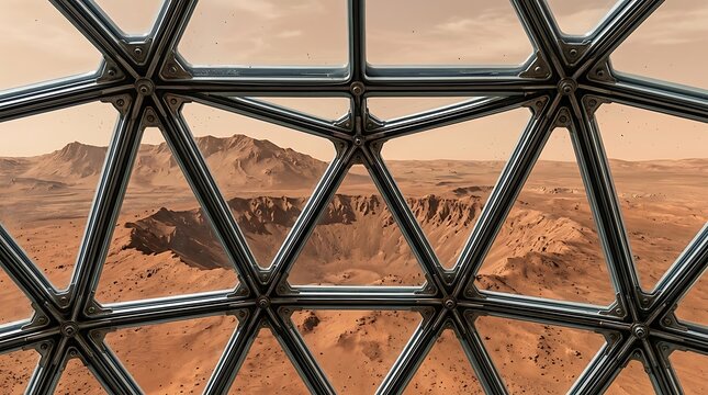 Martian landscape view through a futuristic geodesic dome window