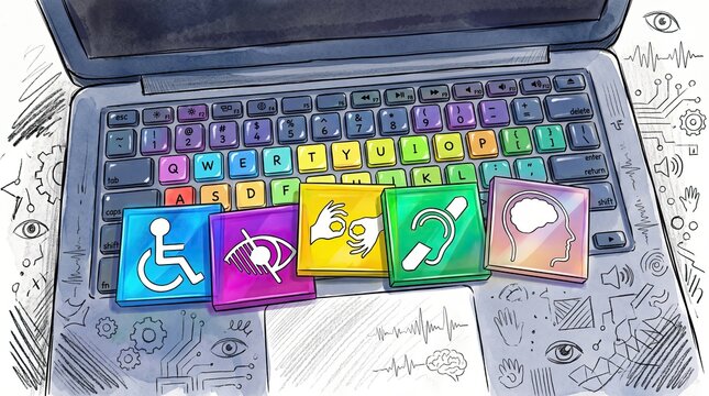 Accessibility Technology on Keyboard: A close-up illustration shows a laptop keyboard with colorful keys, each representing a different accessibility symbol.
