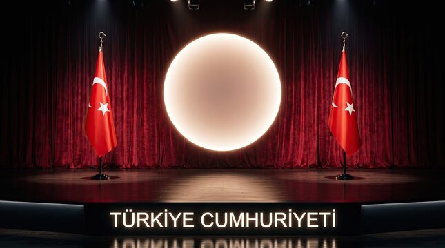 Ceremonial Stage with Turkish Flags: A formal stage setup featuring two Turkish flags on either side of a brightly illuminated circular screen, set against a backdrop of red velvet curtains.