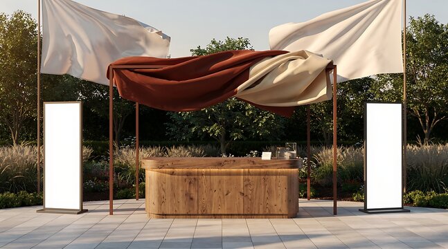 Outdoor Event Booth with Flags and Display Stands.