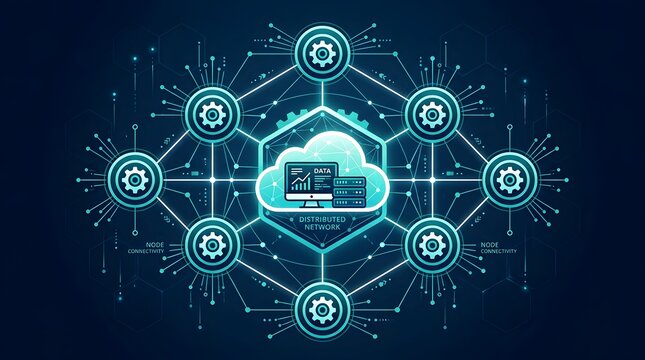 Cloud computing concept with central turquoise cloud icon containing server and monitor surrounded by eight connected gear nodes, distributed network system on dark blue background