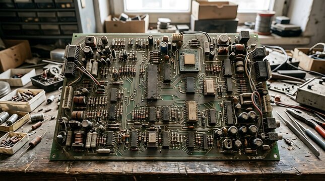 Dusty vintage circuit board on a wooden workbench with repair tools