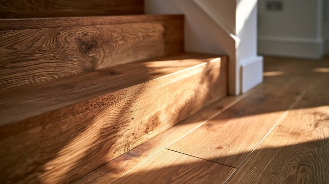Beautiful rustic wooden staircase with natural sunlight casting shadows on the floor.