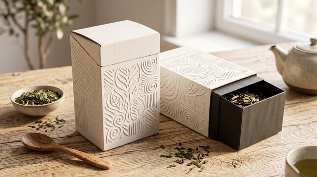 Elegant tea box with embossed patterns on a wooden table, showcasing accessible packaging for loose leaf tea and herbal blends