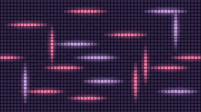 Abstract pixel art pattern with glowing blue and pink rectangular shapes on dark background