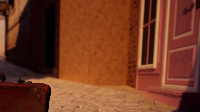 A bag rests on a cobblestone street in a quiet area. Nearby buildings have simple designs. Sunlight creates shadows on the ground. The scene captures a moment in a less busy place.