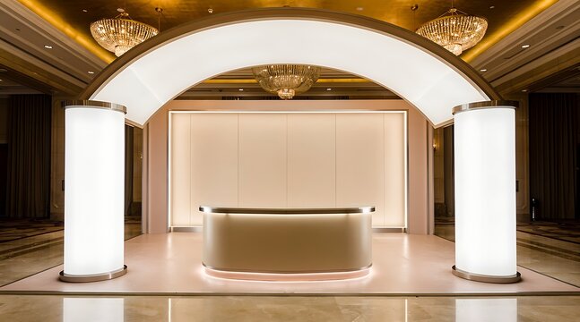Elegant reception desk with modern arch and illuminated pillars in a luxurious interior.