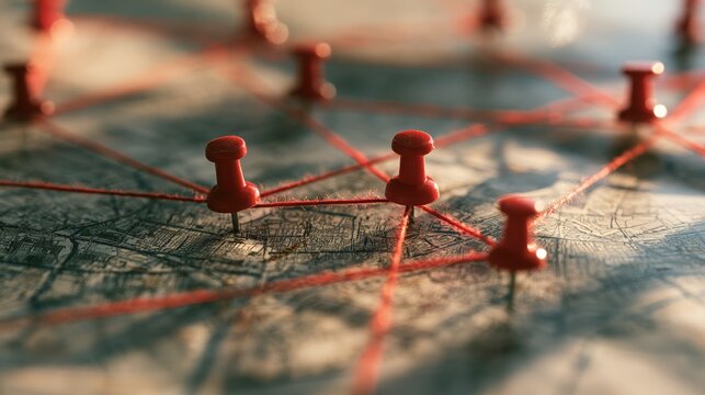 Red push pins connected by threads on a vintage map in warm sunlight. Conceptual image for criminal investigation and global logistics planning.