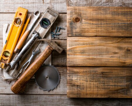 Carpentry tools with hammer, level, wrench and saw blade on rustic wooden background