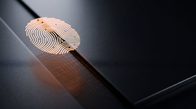Biometric fingerprint scan on dark surface, digital identity verification concept, glowing orange touch sensor for cybersecurity