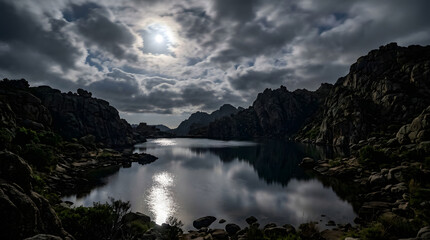 Obraz premium Full moon over lake and rugged mountains at night.