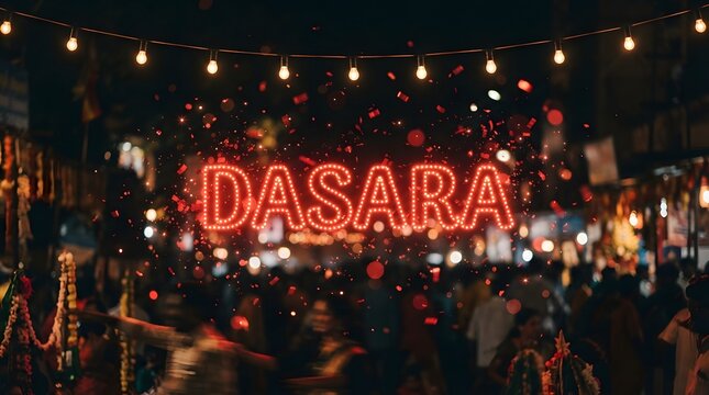 Glowing neon dasara sign illuminated at night with festive lights and confetti in a crowded street market