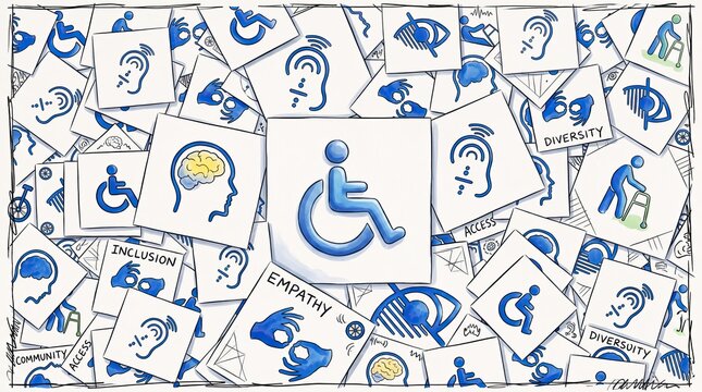 Symbols of Inclusion: A collage of diverse icons representing accessibility, empathy, and diversity, promoting a world where everyone is valued and included, celebrating human differences.