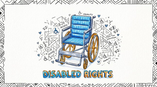 Wheelchair Advocacy: A stylized illustration of a blue wheelchair adorned with hearts and accessibility symbols.