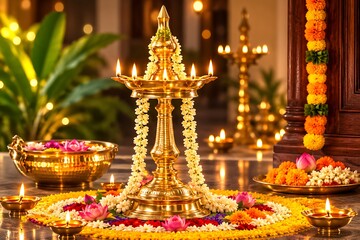 Fototapeta premium Joyful Thiruvonam Onam Celebrations – Floral Pookalam, Pulikali, Kaikottikali, Onam Feast & Cultural Heritage