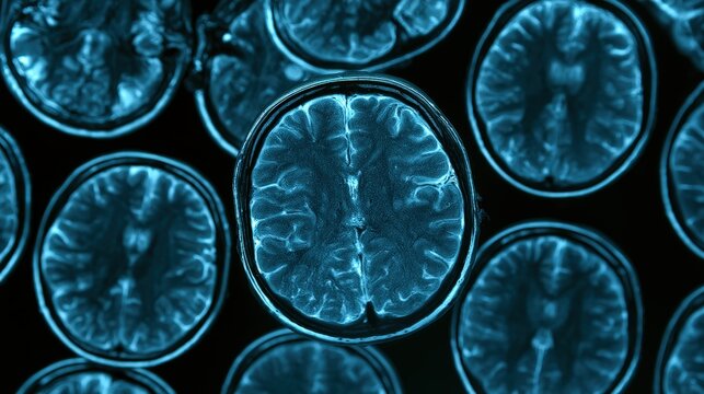 Bright blue MRI scans of human brains glowing on a dark screen. Ideal for medical diagnosis and neuroscience research.