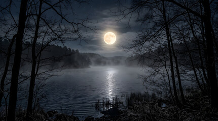 Naklejka premium Full moon reflecting on misty lake in dark forest.