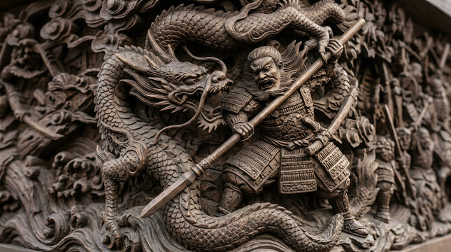 Traditional Japanese wood relief carving depicting epic battle between samurai warrior and dragon