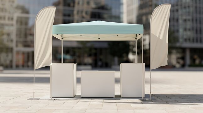 Outdoor Market Stall Tent with Flags and Display Counters.