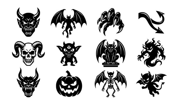 Demon Halloween silhouette collection black white spooky vector icon set