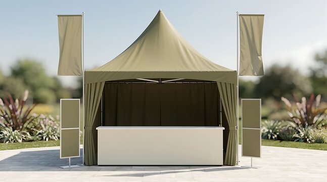 Outdoor event tent with counter and banners set up for business.
