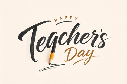 Happy teacher's day lettering design featuring a wooden pencil integrated into stylish handwritten typography on a clean textured cream background