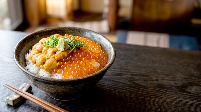木目調の和風店内で味わう溢れんばかりのウニとイクラの二色海鮮丼