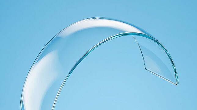 Curved transparent glass arch shape on a solid light blue background