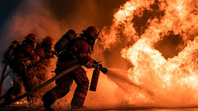 Team of firefighters battling a massive raging fire