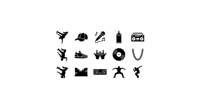 Hip Hop Dance Icons Set, Breakdance Moves, Music Symbols, Urban Street Style Vector Graphics