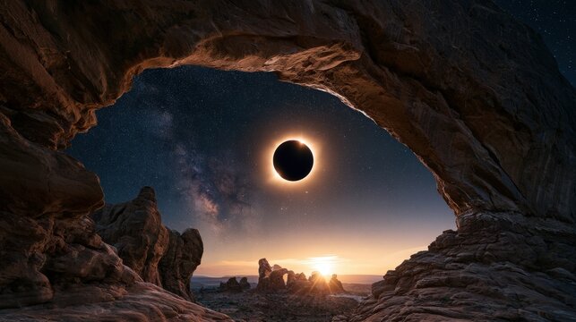 A total solar eclipse glows above desert rock formations framed by a natural stone arch at night. This celestial event concept creates a dramatic space background for astronomy.