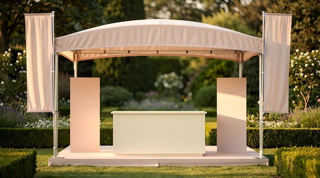 Outdoor Event Booth Setup with Canopy and Banners in a Garden Setting.