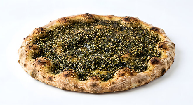 Rundes libanesisches Zaatar-Manakish auf Wei&szlig;