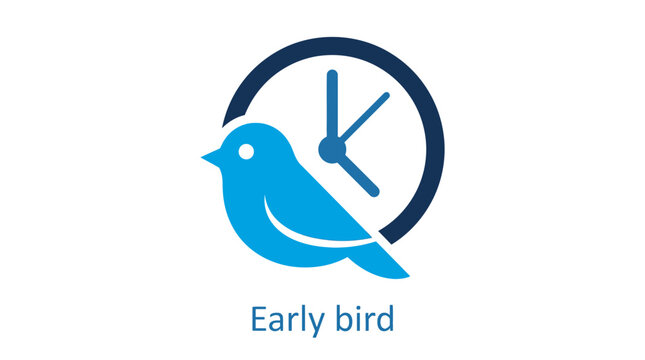 Blue bird icon silhouette merged with circular clock face representing morning schedules and punctual business timing